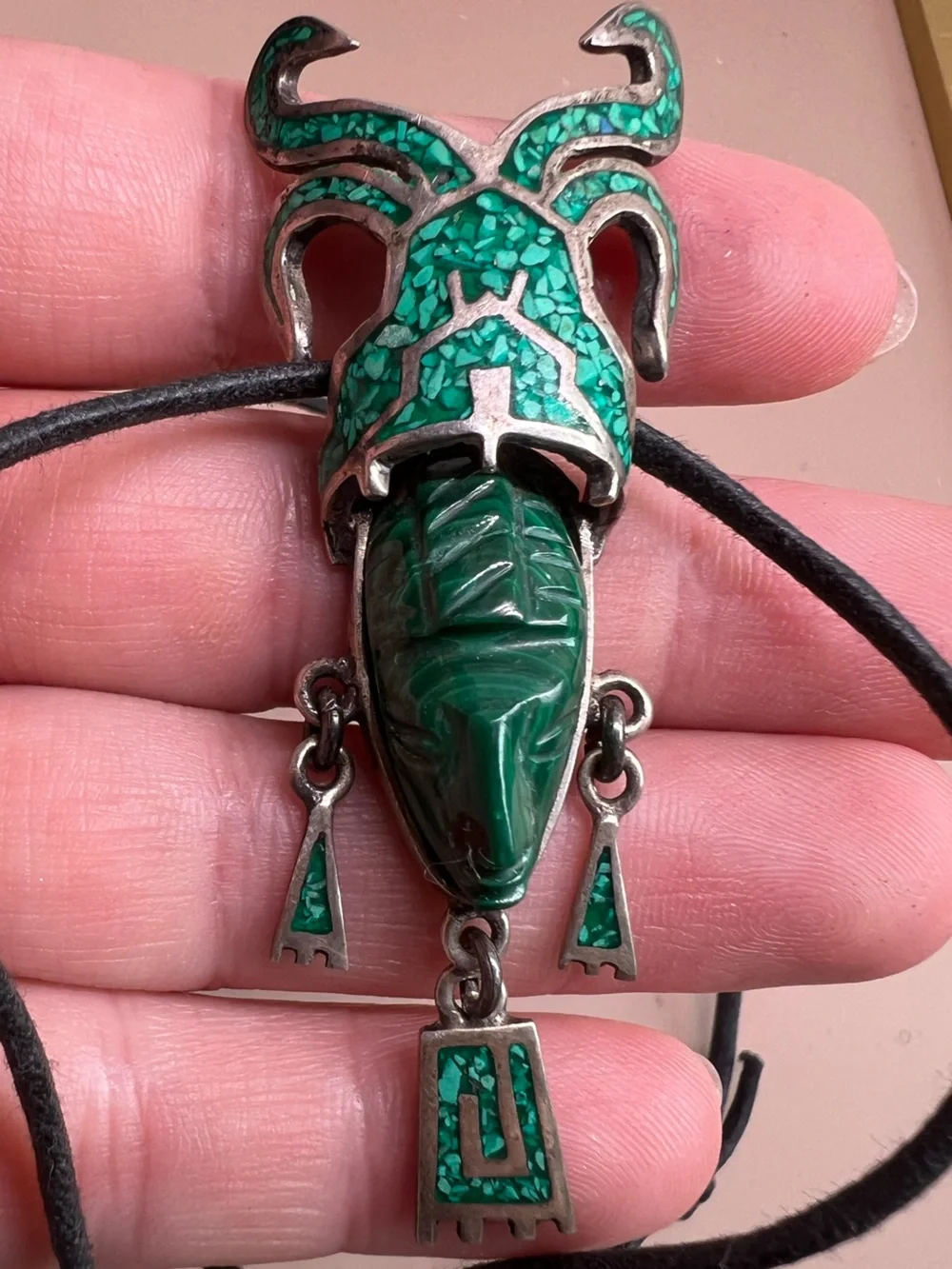 VINTAGE TAXCO MEXICO LARGE MALACHITE MASK PENDANT 925 STERLING STATEMENT